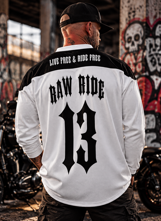 Maillot biker Raw Ride blanc et noir, polyester recyclé