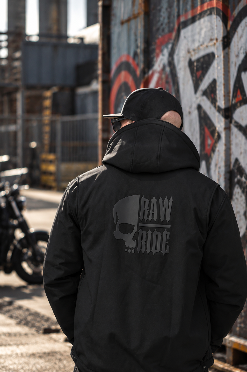 Dos du hoodie softshell RAW ARMOR porté, logo Raw Ride ton sur ton