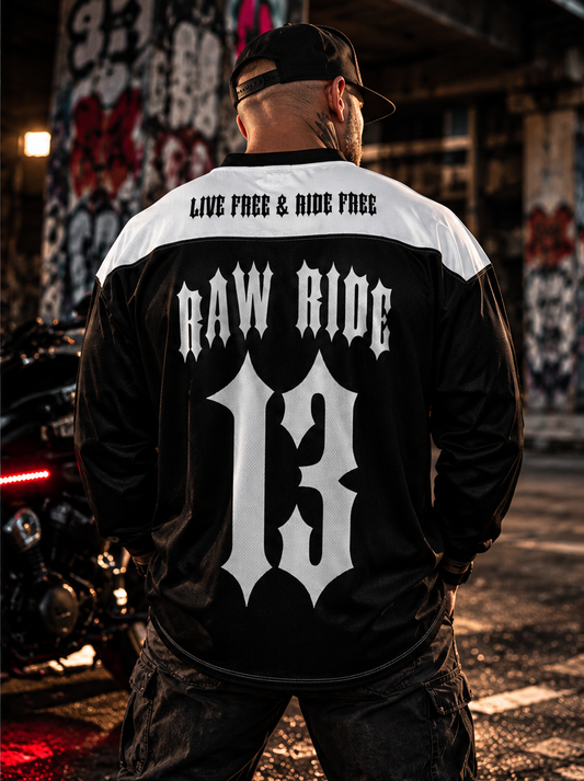 Maillot biker Raw Ride noir et blanc, polyester recyclé
